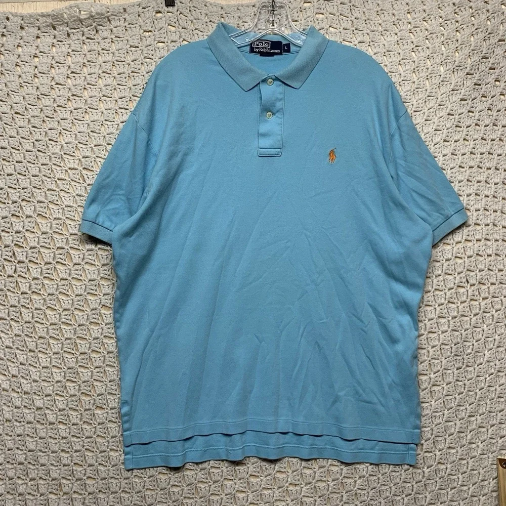 Polo Ralph Lauren Polo Shirt Mens‎ Sz L Blue Short Sleeve Orange Pony 100%Cotton